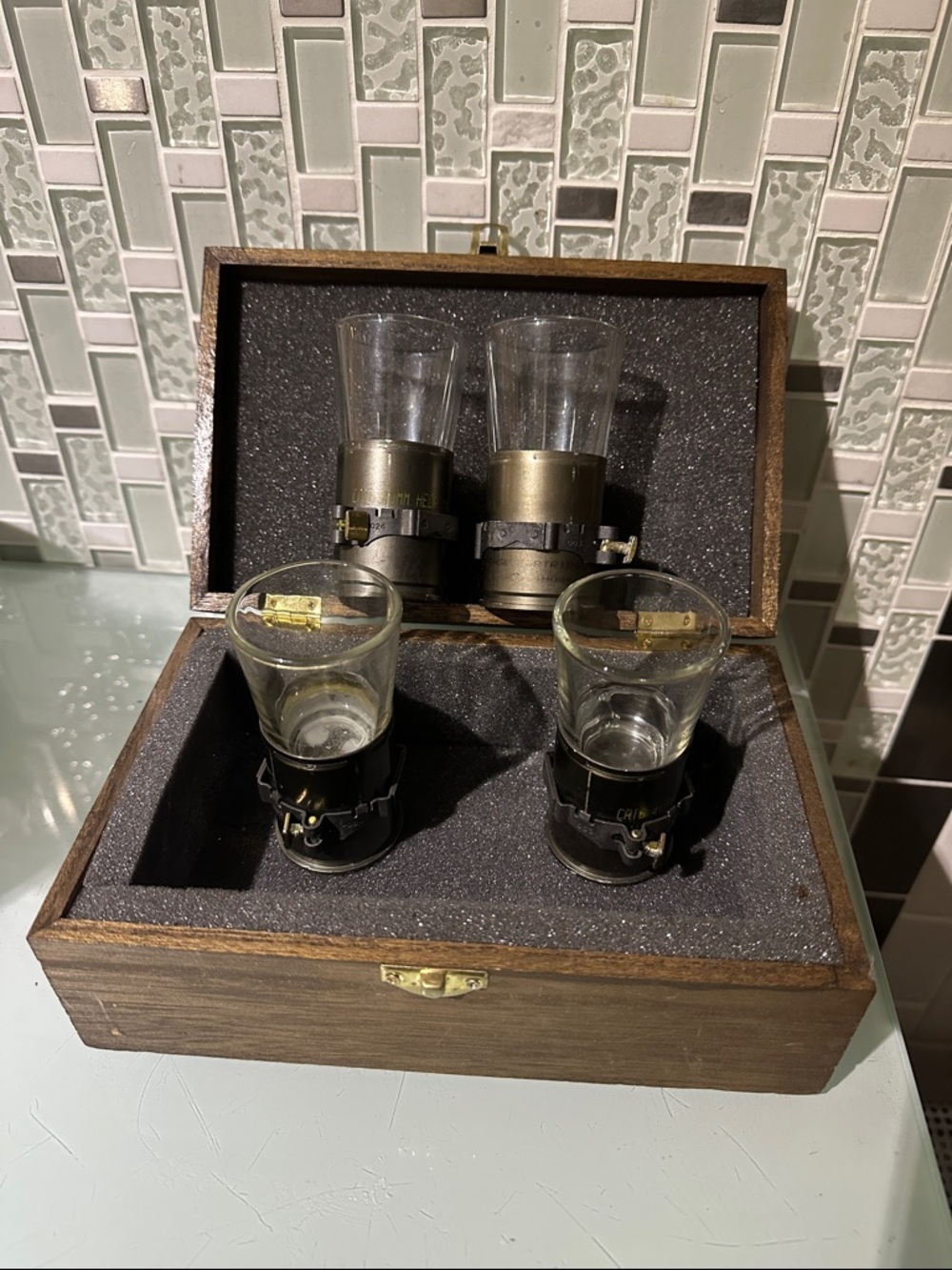 Vintage Ammo Shot Glasses Set with Wood Case